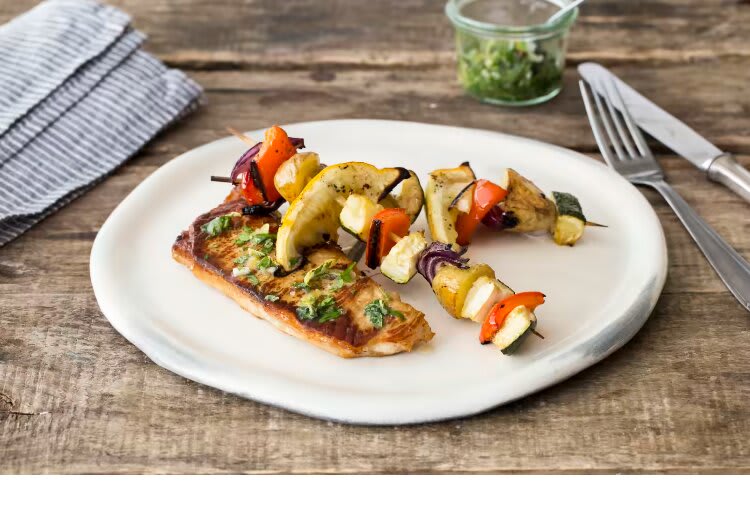Pan-Seared Pork Chops with Summer Vegetable Kebabs & Oregano-Mint Pesto