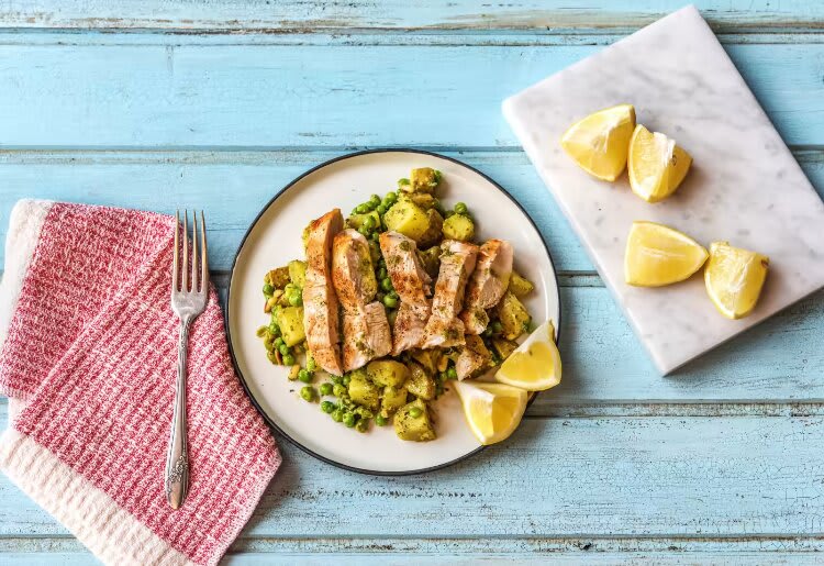 Lemony Pan-Seared Chicken with Pesto, Peas, and Potatoes