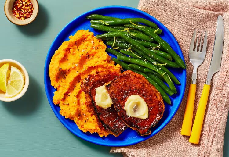 Honey Butter BBQ Pork Cutlets with Mashed Sweet Potatoes & Lemony Green Beans