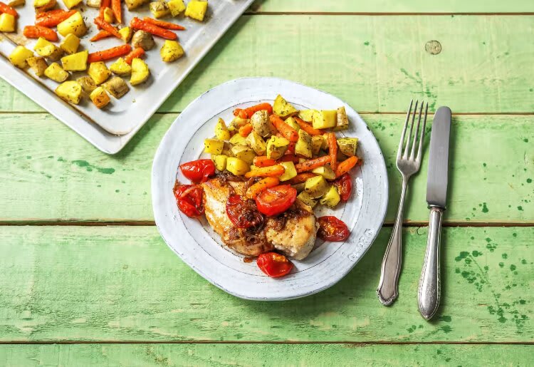 Balsamic Chicken Rustico with Provencal Roasted Roots Veggies
