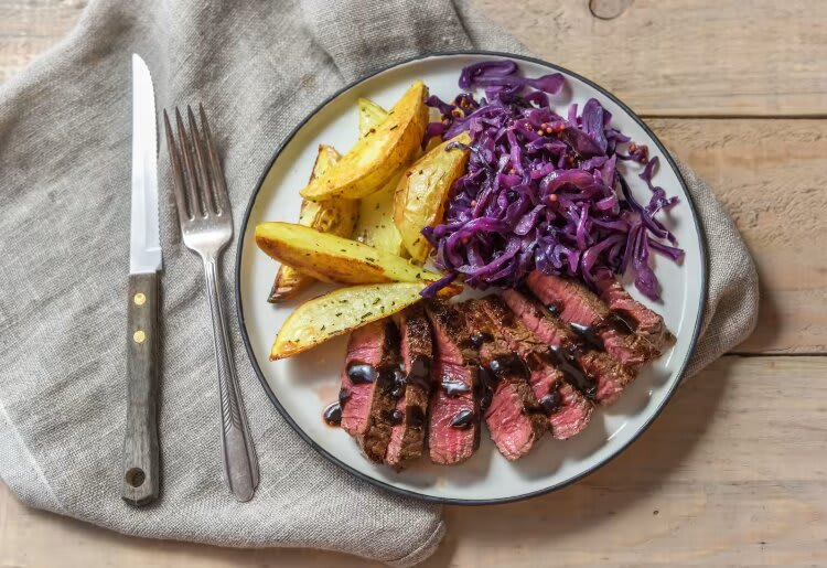 Hearty Steak and Potatoes with Balsamic-Cranberry Pan Sauce
